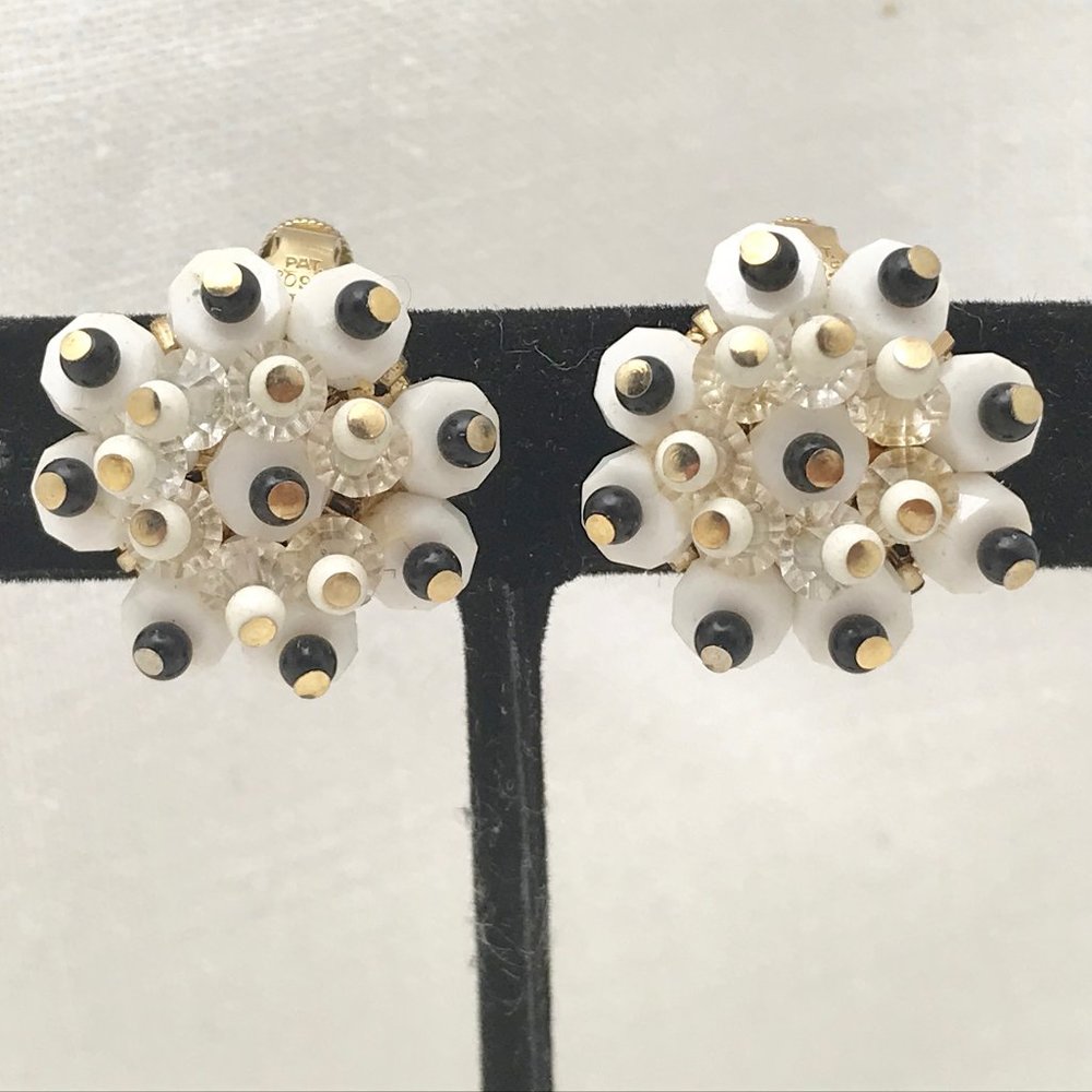 White Black & Gold Floral Cluster Clip Earrings